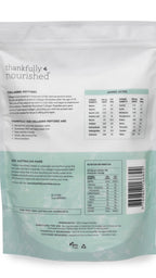 Back of Thankfully Nourished Collagen Peptides - 900g pouch showing ingredients, nutrition facts, and product details.