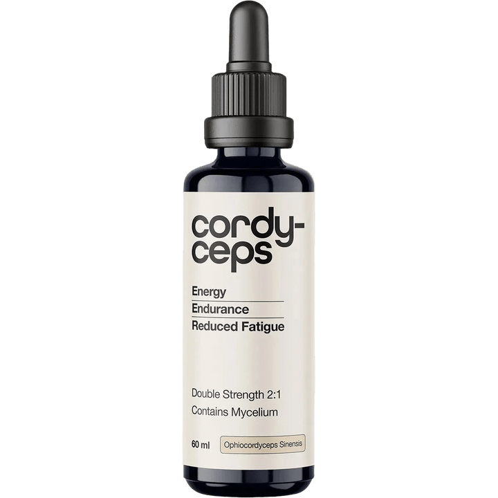 Cordyceps 2:1 Mushroom Liquid Extract - 60ml by Switch Nutrition in a dark glass dropper bottle promoting energy, endurance, and reduced fatigue, suitable for keto and low carb lifestyles.