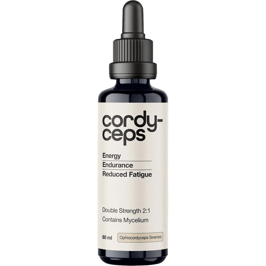 Cordyceps 2:1 Mushroom Liquid Extract - 60ml by Switch Nutrition in a dark glass dropper bottle promoting energy, endurance, and reduced fatigue, suitable for keto and low carb lifestyles.