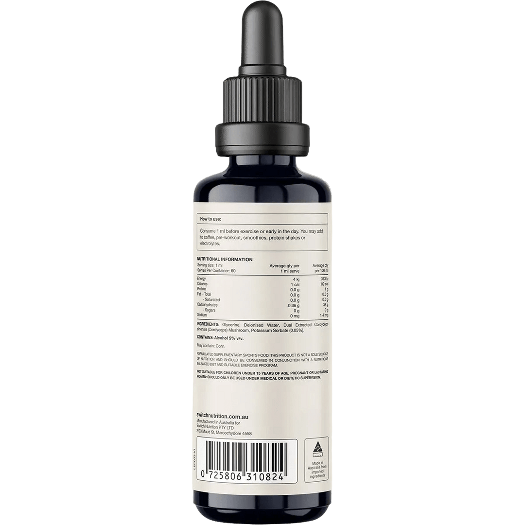 Back label of Switch Nutrition's Cordyceps 2:1 Mushroom Liquid Extract - 60ml showing usage instructions, nutritional facts, ingredients, and compliance information for keto and low carb support.