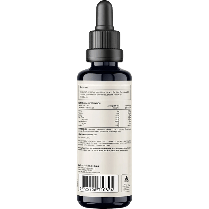 Back label of Switch Nutrition's Cordyceps 2:1 Mushroom Liquid Extract - 60ml showing usage instructions, nutritional facts, ingredients, and compliance information for keto and low carb support.