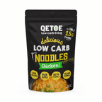 Package of Qetoe low carb noodles with chicken flavor on a white background