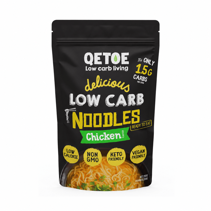 Package of Qetoe low carb noodles with chicken flavor on a white background