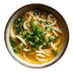 Bowl of soup with noodles and green onions on a white background