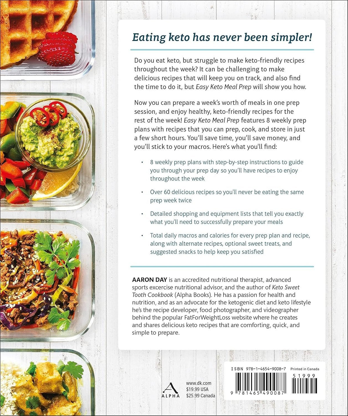 Back cover of Easy Keto Meal Prep by Aaron Day showing a detailed summary of keto and low carb meal plans with colorful food containers of keto dishes on the left side.