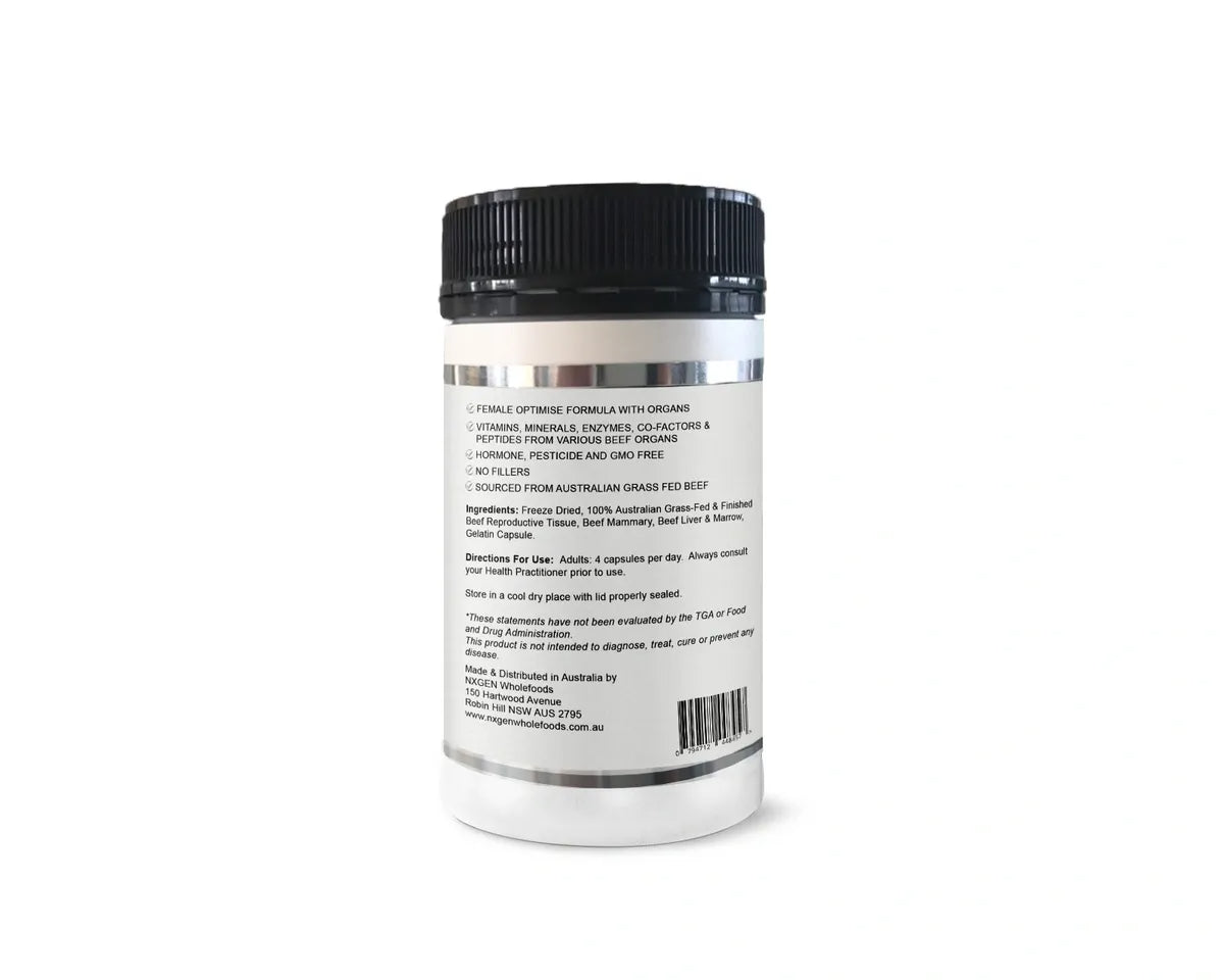 Grass Fed Female Optimise - 160 Capsules by NXGEN Wholefoods supplement for women with beef organ ingredients in white bottle