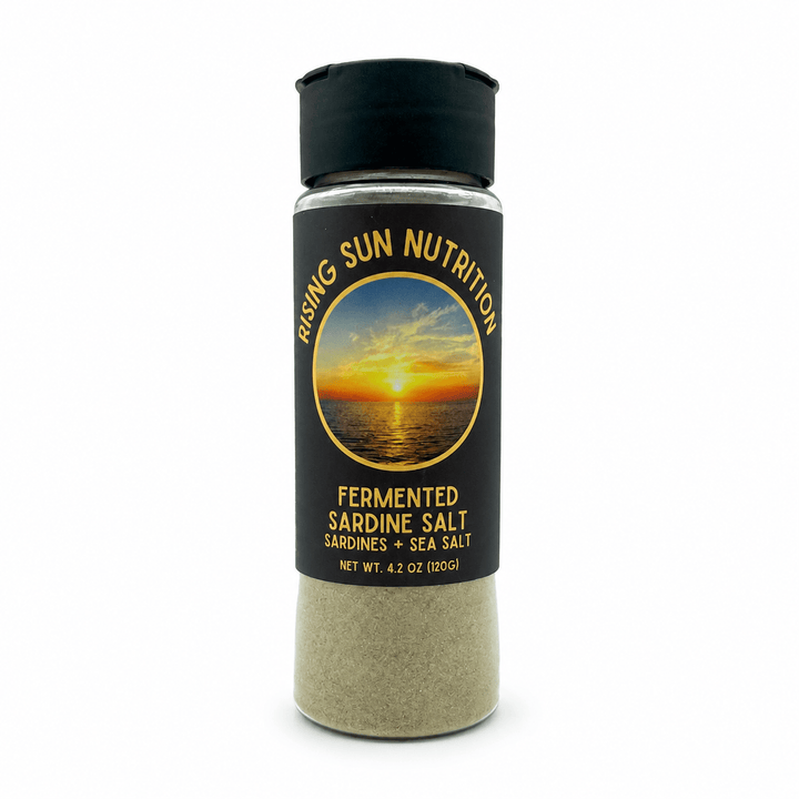 Rising Sun Nutrition Fermented Sardine Salt - 120g seasoning bottle with sardines and sea salt, part of Carnivore and Salt collections
