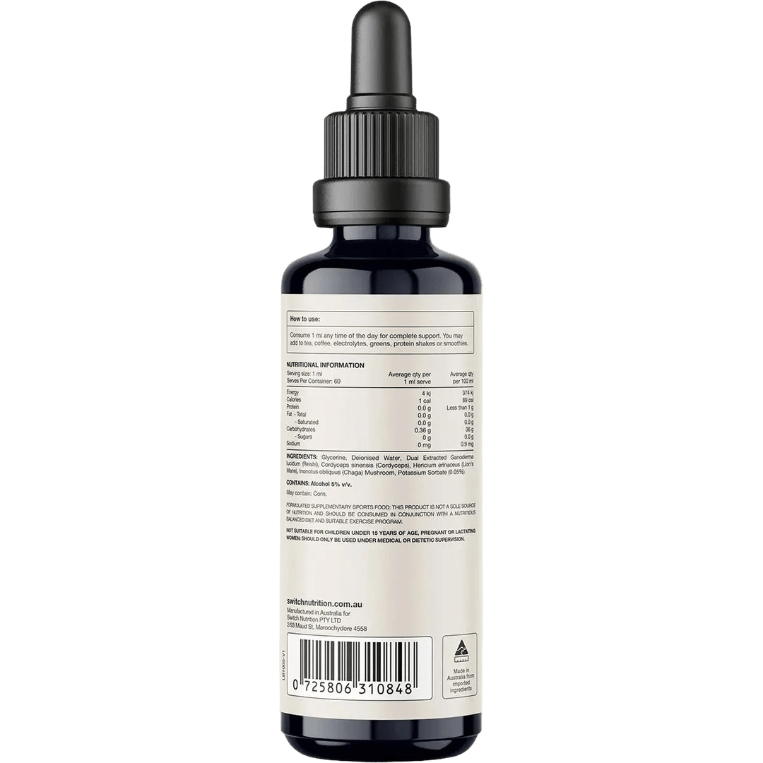 Back view of Switch Nutrition Four Blend Double Strength 2:1 Mushroom Liquid Extract - 60ml showing nutritional facts, ingredients, and usage instructions for keto and low carb support.