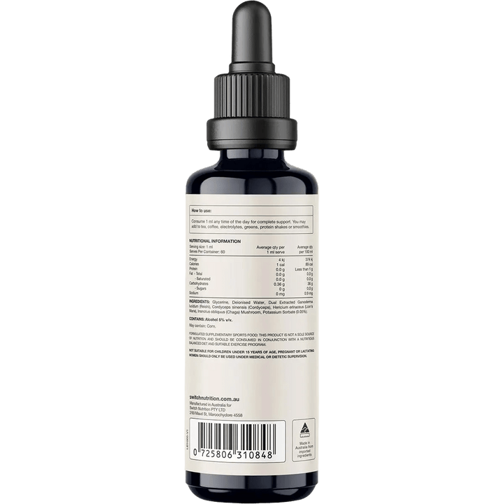 Back view of Switch Nutrition Four Blend Double Strength 2:1 Mushroom Liquid Extract - 60ml showing nutritional facts, ingredients, and usage instructions for keto and low carb support.