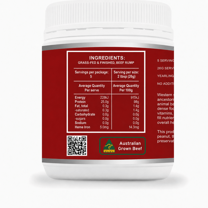 A white plastic jar of Grass-Fed & Finished Beef Rump supplement with a deep red label showing nutritional facts and branding.