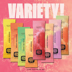 Array of colorful SALTT Fruit Variety Electrolyte Drink Mix - 15 Sticks packets on pink background with bold "VARIETY!" text.