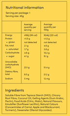Nutrition facts and ingredients label for Fruity Chews - 45g by Funday, gluten free, low carb, and sweet snack.