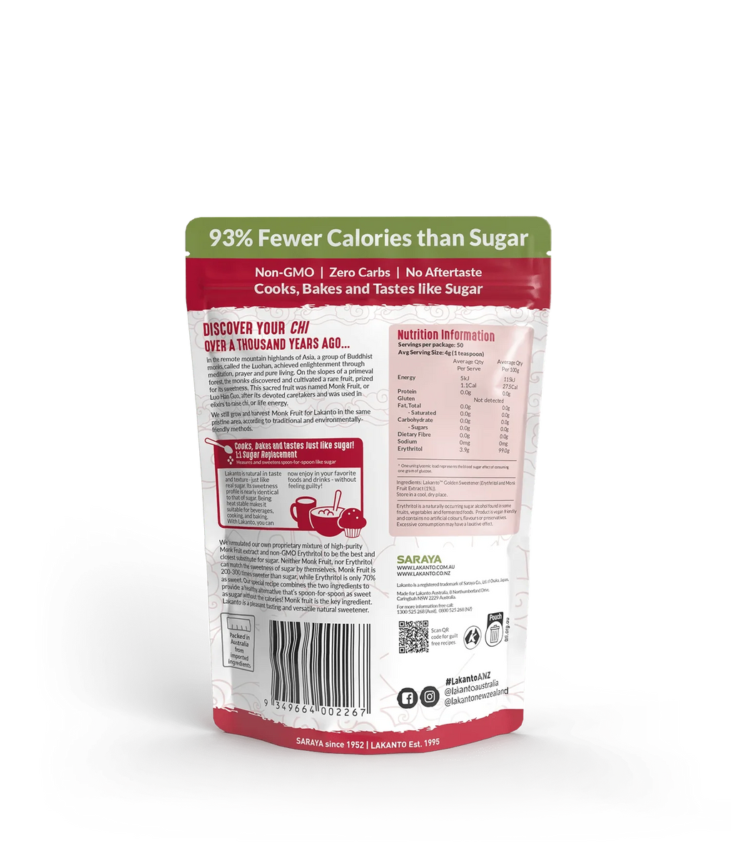 Back of Golden Monkfruit Sweetener pack by Lakanto showing nutritional info and product benefits in red and white design