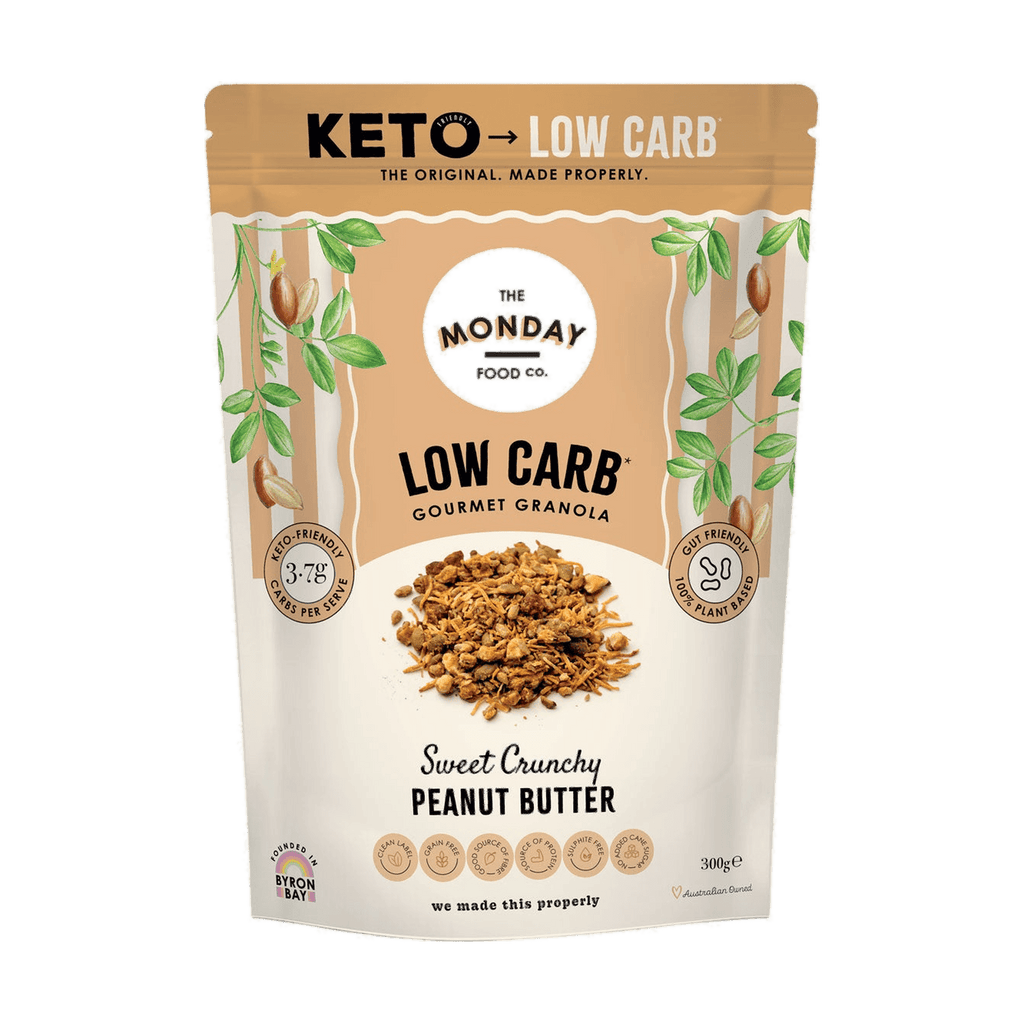 Front of The Monday Food Co Low Carb Gourmet Granola Sweet Crunchy Peanut Butter 300 g bag