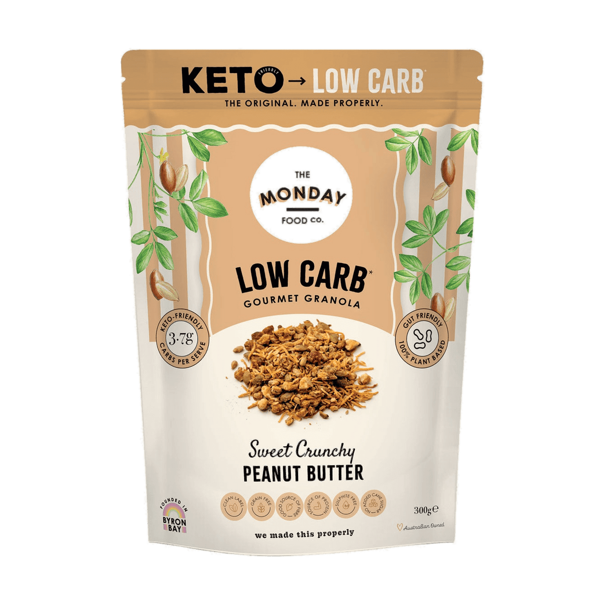 Front of The Monday Food Co Low Carb Gourmet Granola Sweet Crunchy Peanut Butter 300 g bag