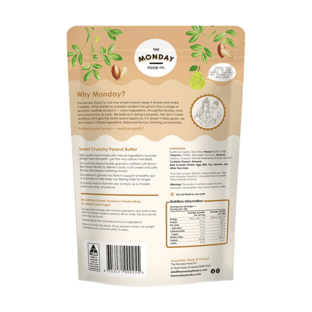 Back of The Monday Food Co Sweet Crunchy Peanut Butter granola bag with nutrition information and ingredients