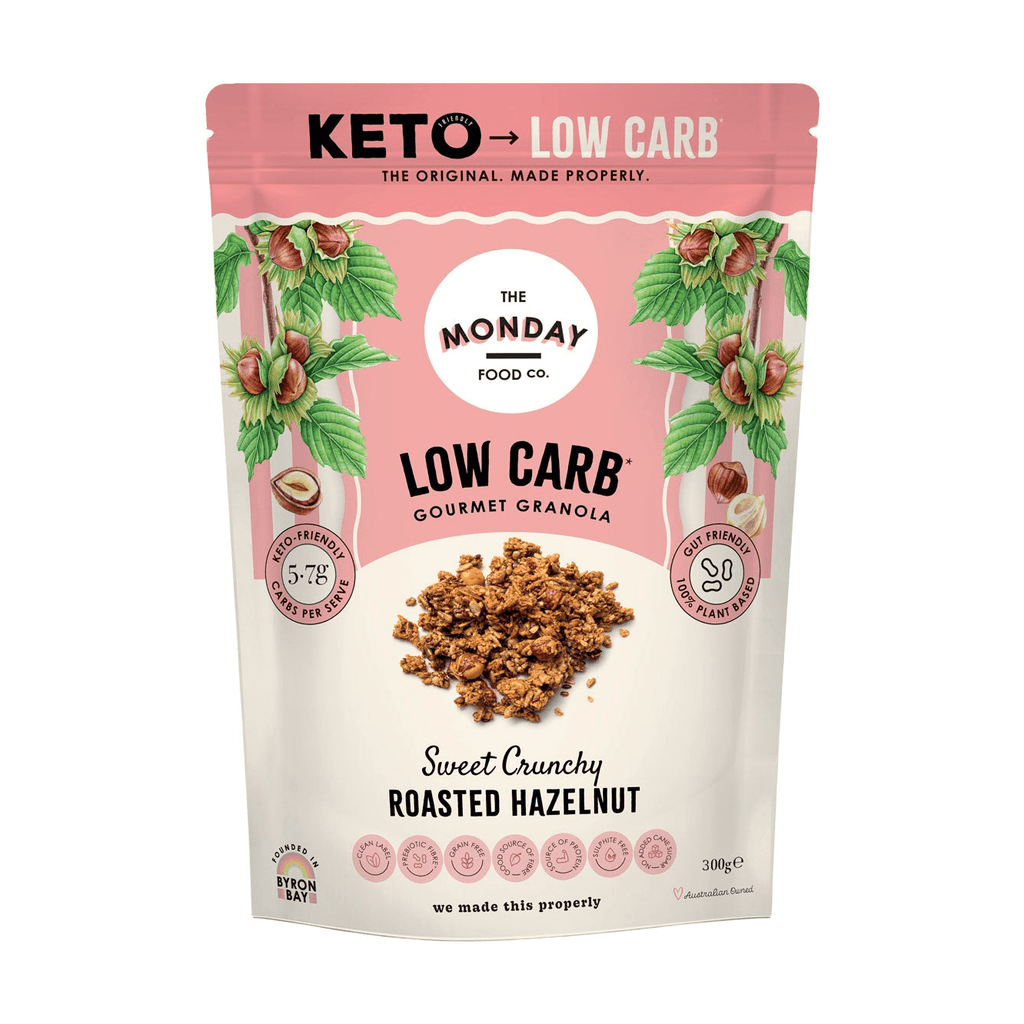 Front of The Monday Food Co Low Carb Gourmet Granola Sweet Crunchy Roasted Hazelnut 300 g bag