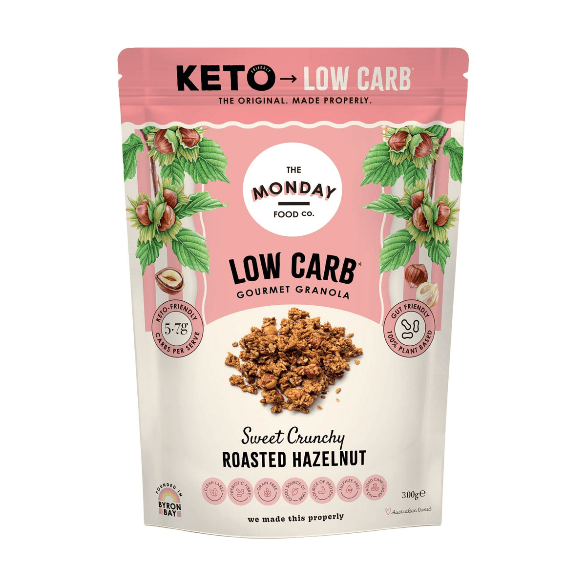 Front of The Monday Food Co Low Carb Gourmet Granola Sweet Crunchy Roasted Hazelnut 300 g bag