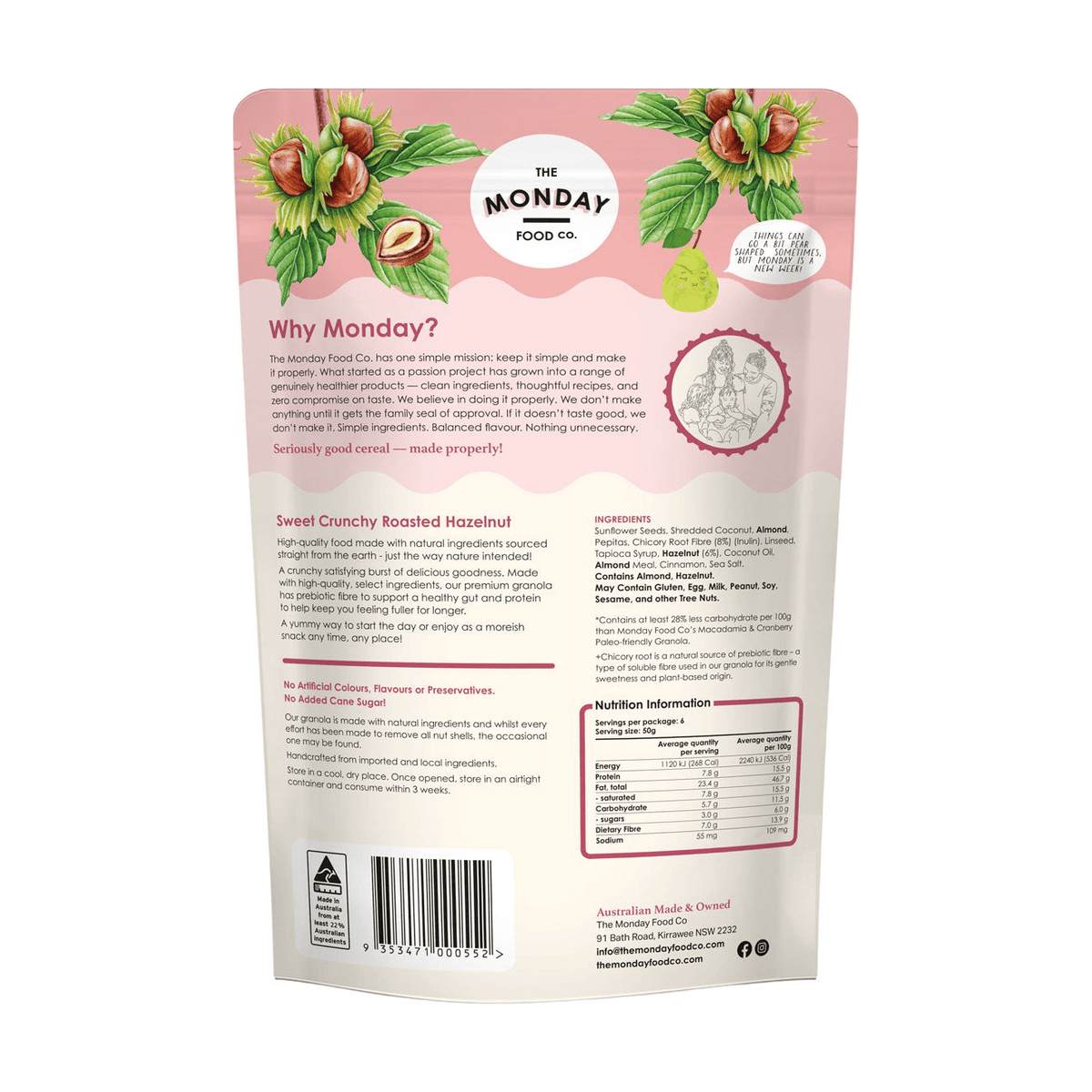 Back of The Monday Food Co Sweet Crunchy Roasted Hazelnut granola bag with nutrition information and ingredients