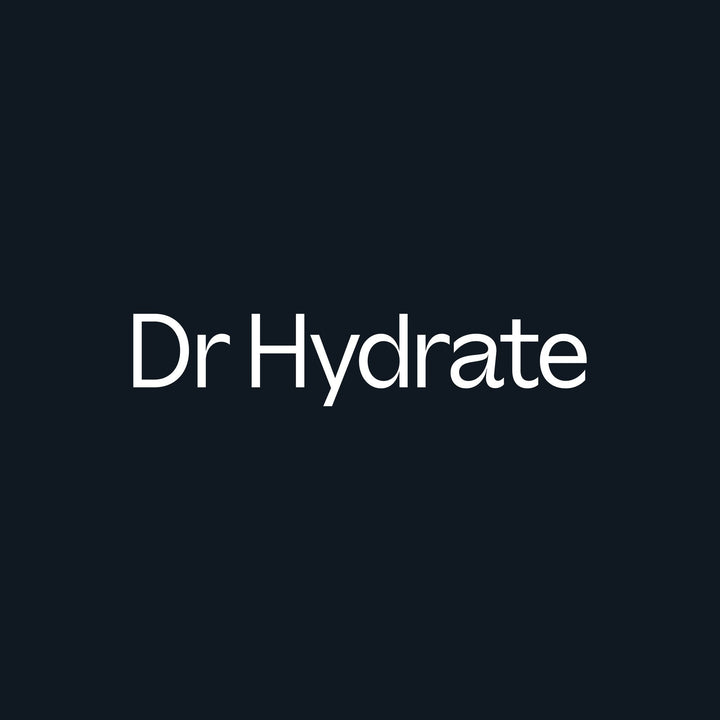 Dr. Hydrate logo in simple white text on black background promoting Green Apple Jar - 30 Serves electrolyte drink mix