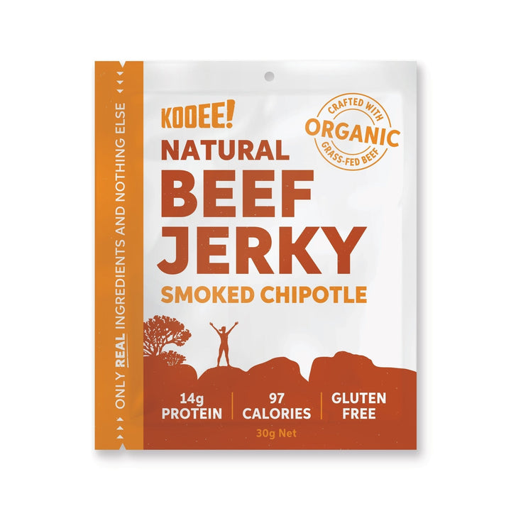 Grass Fed Beef Jerky - Smoked Chipotle - 30g pouch by KOOEE! with organic, gluten-free, high protein snack branding