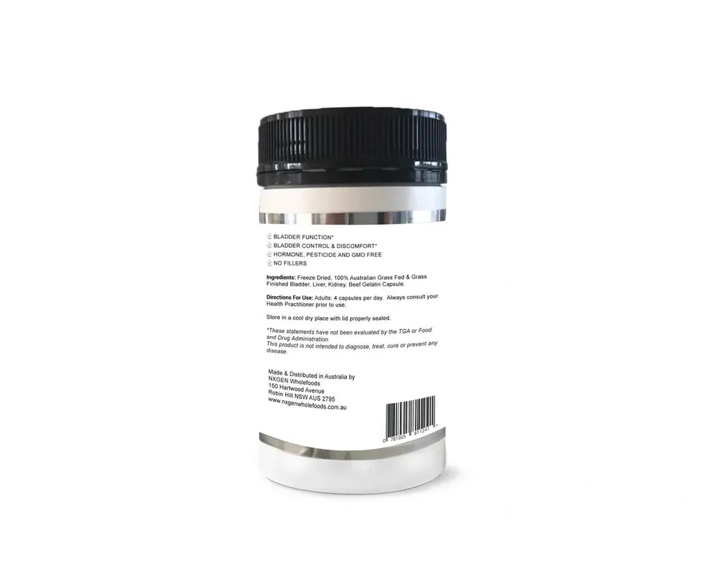 Back label of Grass Fed Bladder - 160 Capsules by NXGEN Wholefoods with ingredient and usage details visible