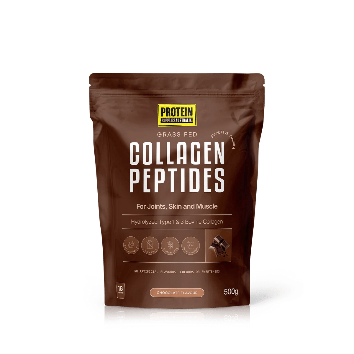 Packaging of Grass Fed Collagen Peptides - Chocolate - 500g by Protein Supplies Australia, highlighting hydrolyzed bovine collagen for joint and skin support.