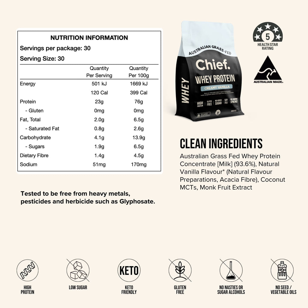 Nutrition facts and clean ingredients for Chief Grass-fed Whey Protein Powder - Creamy Vanilla - 900g in health-focused packaging