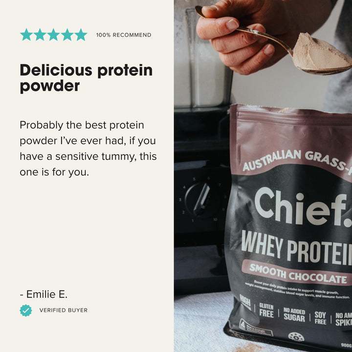 Grass-fed Whey Protein Powder - Smooth Chocolate - 900g by Chief with smooth texture, ideal for sensitive stomachs.