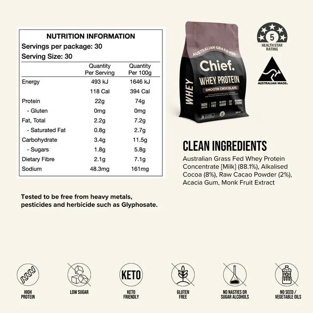 Chief Grass-fed Whey Protein Powder - Smooth Chocolate - 900g with nutrition facts and clean ingredient highlights in product display.