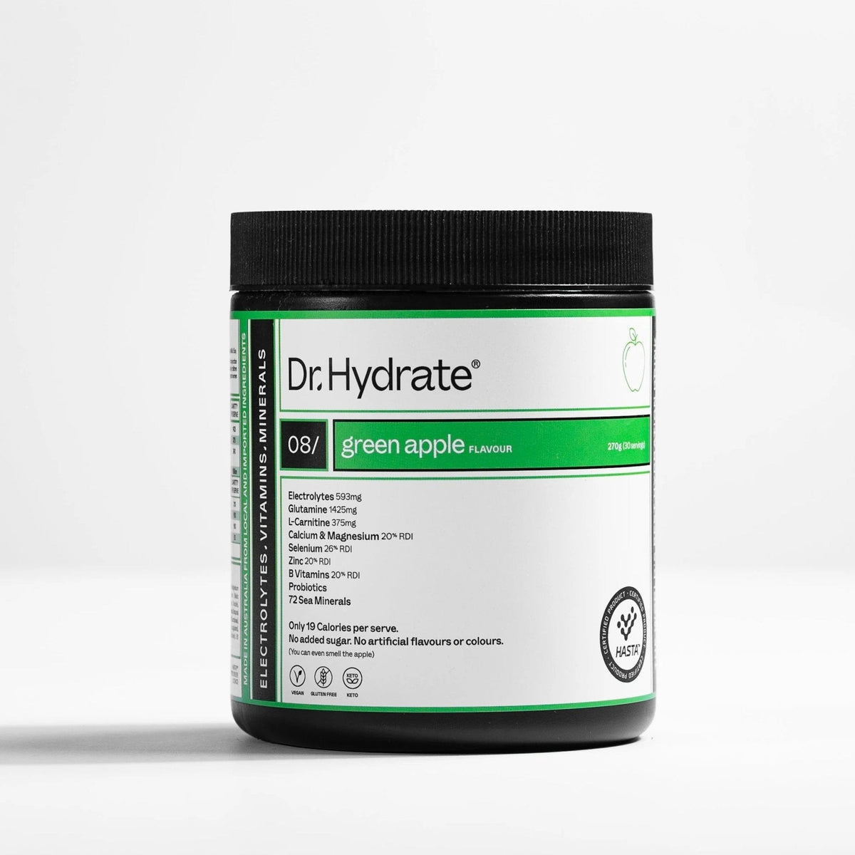 Green Apple Jar - 30 Serves by Dr. Hydrate, electrolyte blend with vitamins, minerals, and no artificial additives.