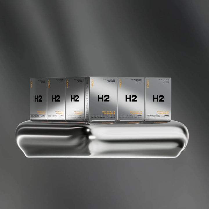 H2 Hydrogen Water - Unflavoured - 30 Tablets by Healr displayed with metallic silver packaging on reflective surface