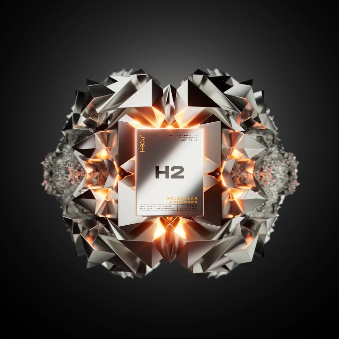 H2 Hydrogen Water - Unflavoured - 30 Tablets by Healr with futuristic metallic geometric design and glowing accents.