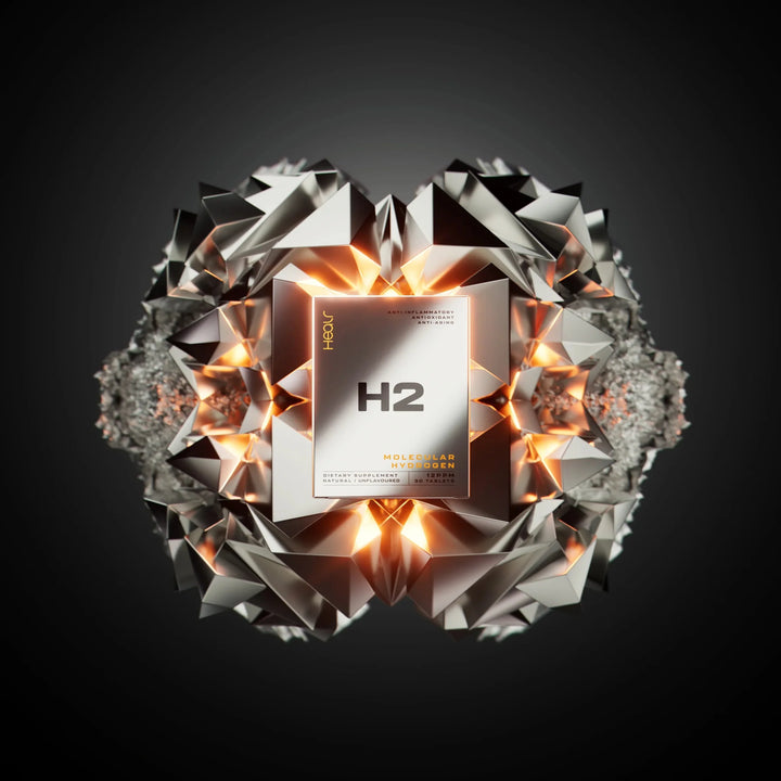 H2 Hydrogen Water - Unflavoured - 30 Tablets by Healr with futuristic metallic geometric design and glowing accents.
