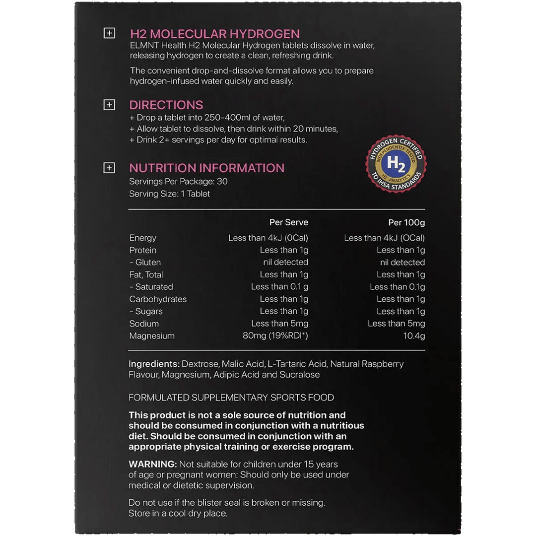 Back of ELMNT H2 Molecular Hydrogen Water Tablets Berry - 30pk packaging showing directions, nutrition facts, and ingredients for New Arrivals and Low Carb collections.