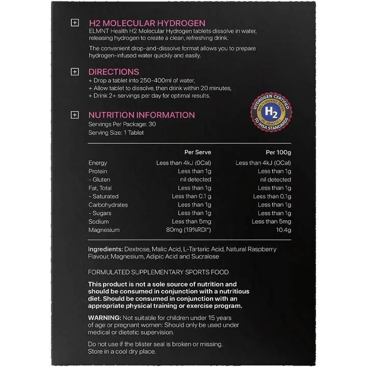 Back of ELMNT H2 Molecular Hydrogen Water Tablets Berry - 30pk packaging showing directions, nutrition facts, and ingredients for New Arrivals and Low Carb collections.