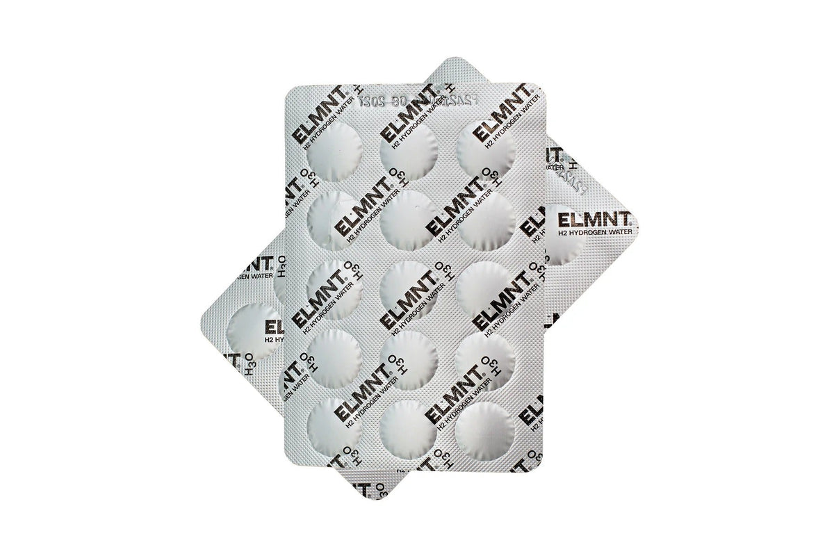 Three silver blister packs of H2 Molecular Hydrogen Water Tablets Natural - 30pk by ELMNT, stacked on white background