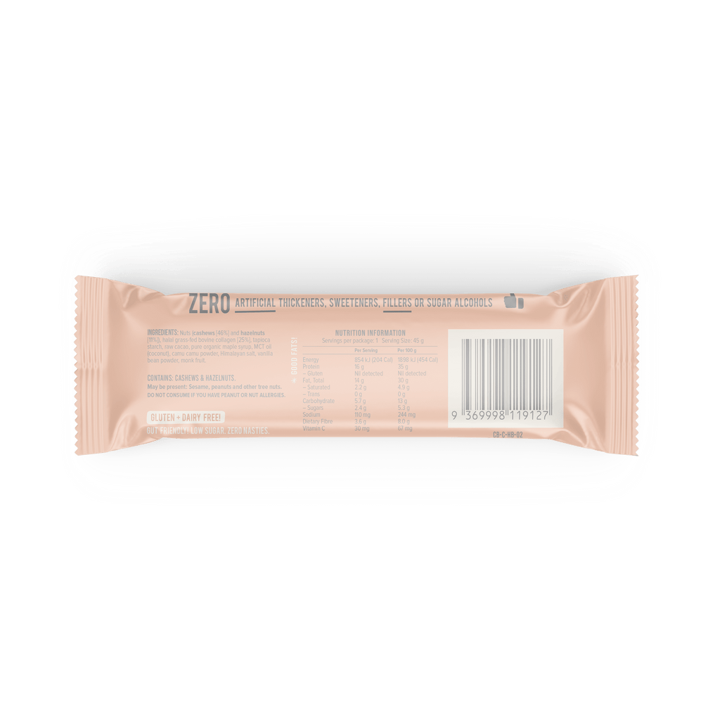 Chief Collagen Bar Hazelnut Brownie 45 g, back of wrapper with ingredients and nutrition information