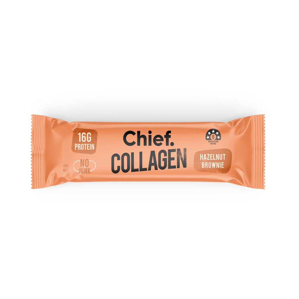 Chief Collagen Bar Hazelnut Brownie 45 g, front of wrapper