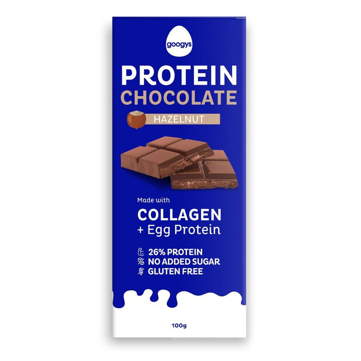 Googys Hazelnut Protein Chocolate Bar - 100g with collagen, egg protein, no added sugar, gluten free, low carb snack.