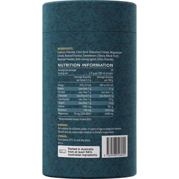 Nutrition label and ingredients list on Ritua Hydrate - Berry - 30 Pack electrolyte drink container in teal packaging.