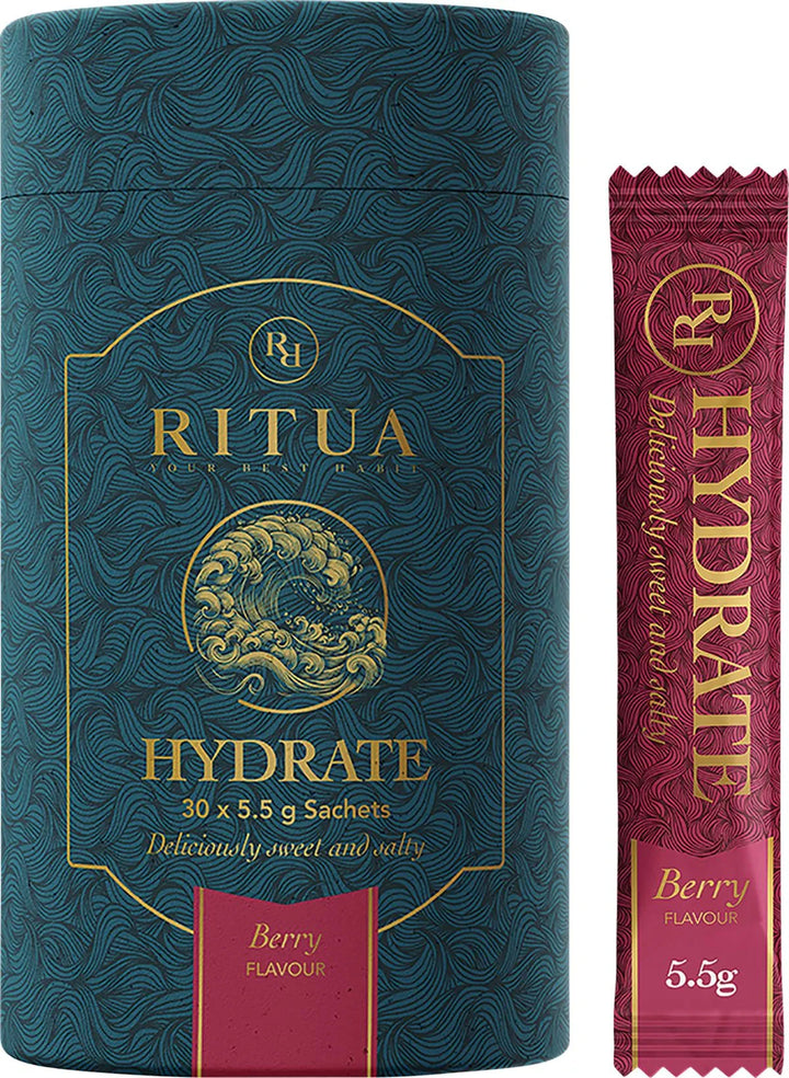 Hydrate - Berry - 30 Pack by Ritua in decorative blue container with single berry-flavored sachet from Electrolytes collection.