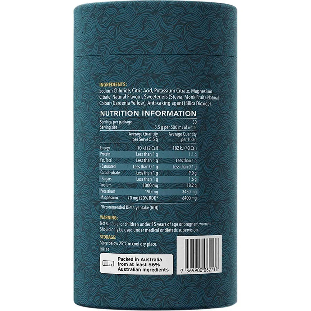 Nutrition label and ingredients list on Ritua Hydrate - Lemon Lime - 30 Pack electrolyte supplement in dark cylindrical packaging