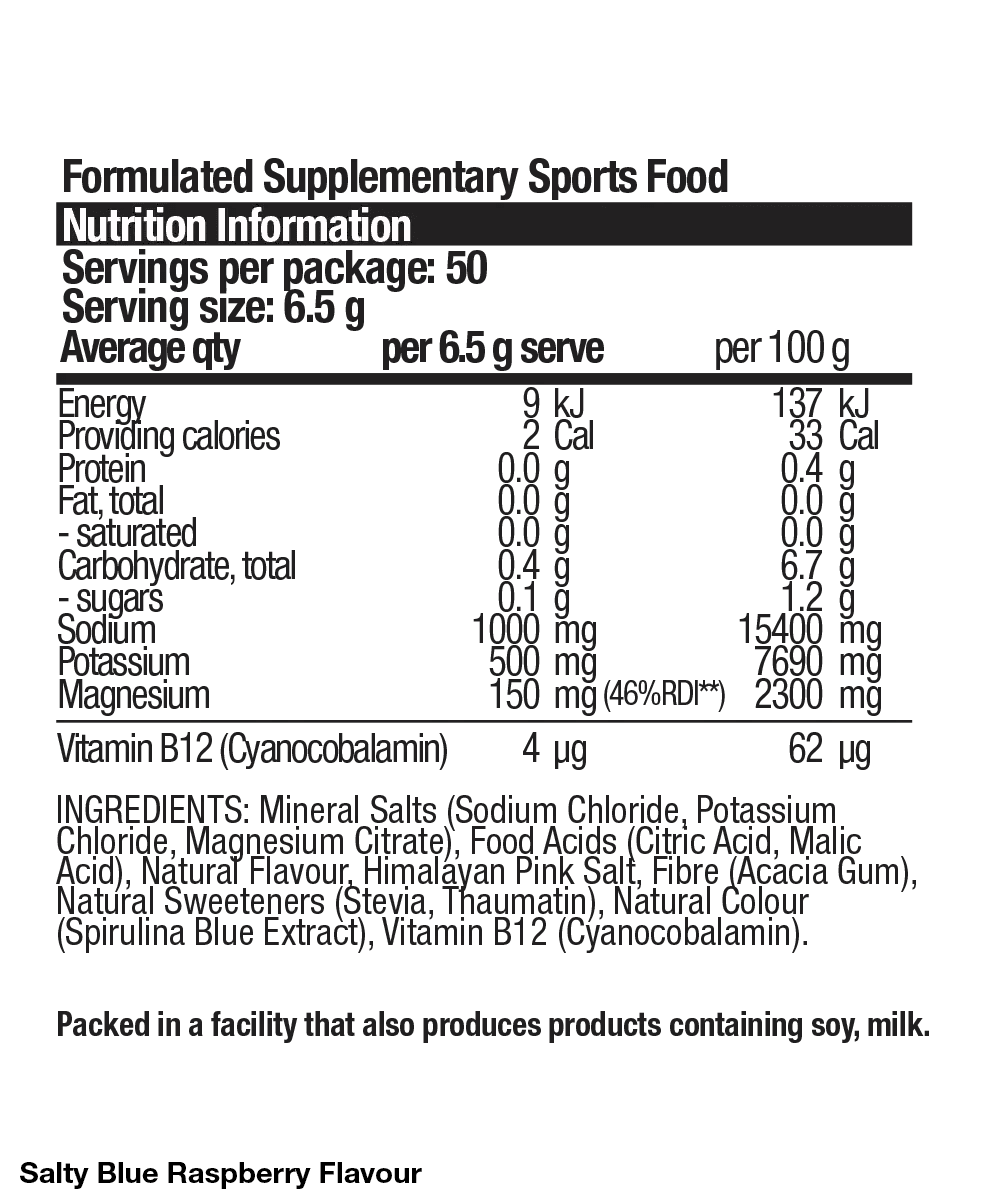 Nutrition facts and ingredients label for Hydrate - Salty Blue Raspberry - 50 serves by BSc Supplements, featuring electrolytes and natural sweeteners.