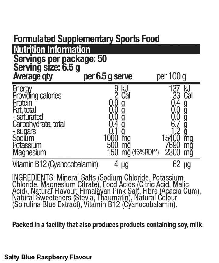 Nutrition facts and ingredients label for Hydrate - Salty Blue Raspberry - 50 serves by BSc Supplements, featuring electrolytes and natural sweeteners.