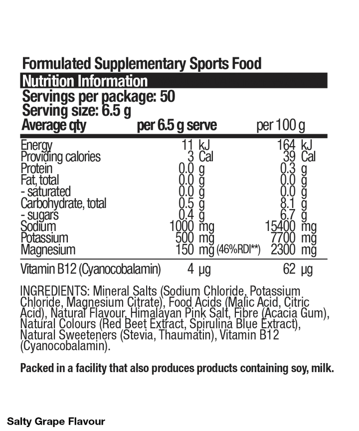 Nutrition information and ingredients label for Hydrate - Salty Grape - 50 serves electrolyte powder by BSc Supplements.