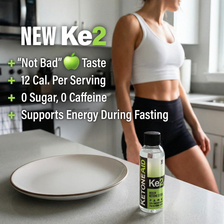 KE2 Ketone Ester Drink - 100ml bottle on kitchen counter with fit woman, promoting low calorie, zero sugar energy by Ketoneaid.