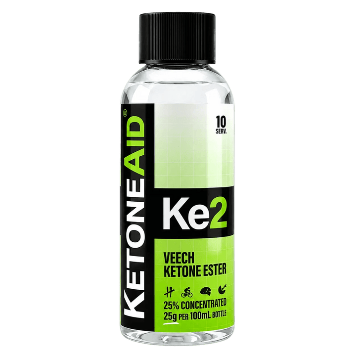 KE2 Ketone Ester Drink - 100ml by Ketoneaid in a clear bottle with black cap and green label, low carb ketones product.