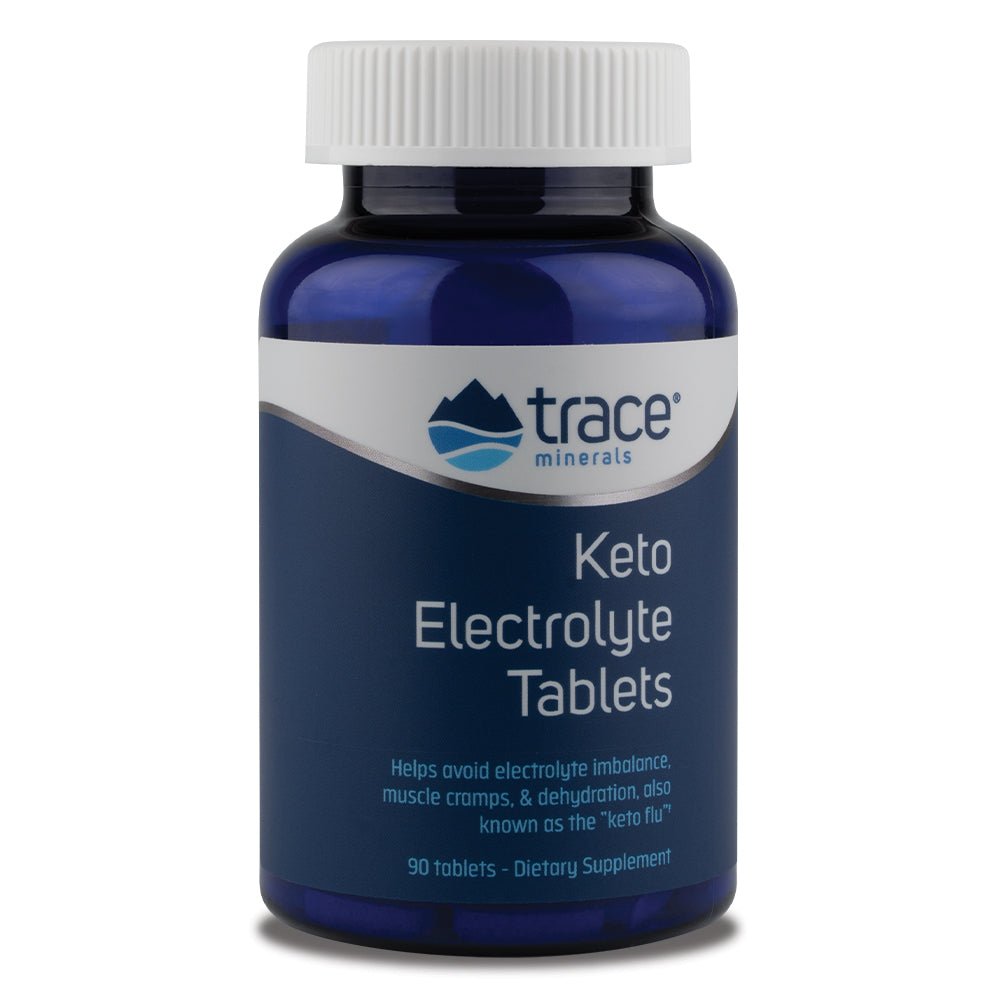 Keto Electrolyte Tablets - 90 Tablets in blue bottle by Trace Minerals for electrolyte balance, muscle cramps, and hydration support