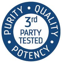 Circular blue and white badge reading "3rd Party Tested" with purity, quality, and potency claims around edge.